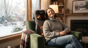 A Canadian family member relaxing and unwinding while sitting on a shiatsu kneading massage cushion for chair.
