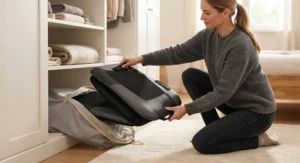 Illustration of a lightweight back massager with heat being neatly folded and stored away.