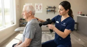 A senior patient receiving gentle percussion treatment with a massage gun for physiotherapy use.