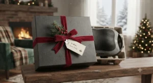 A wrapped gift box containing a premium deep tissue shiatsu back massager, ideal for wellness holidays in Canada.