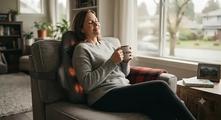 A person relaxing at home in Canada using a heat therapy back massager for chronic back pain relief.