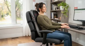 Illustration showing a back massager with heat securely attached to an office chair for daily support.