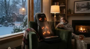 A heated shiatsu kneading massage cushion for chair providing soothing warmth during cold Canadian winter evenings.