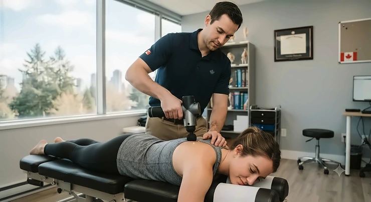 A Canadian chiropractor using a high-end massage gun on a patient's back in a Vancouver clinic.