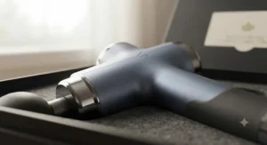 Close-up detail of the premium metallic finish on a luxury percussion massager for gifting.
