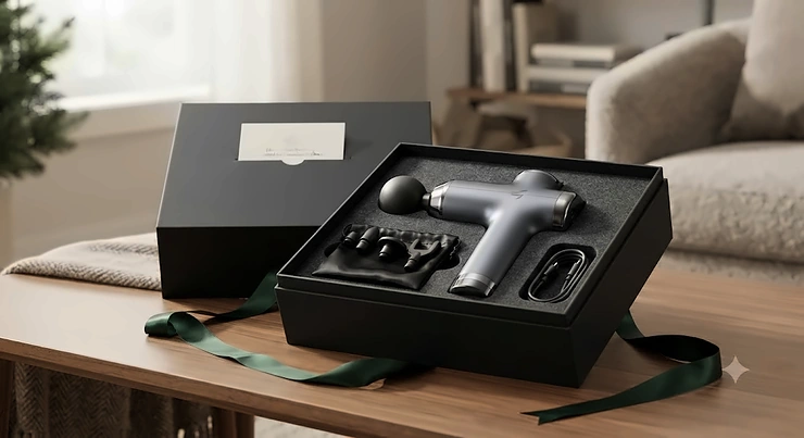 Unboxing a luxury percussion massager for gifting, featuring a sleek device in a premium gift box for Canadian wellness lovers.