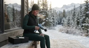 An active Canadian using a luxury percussion massager for gifting after a brisk winter outdoor workout.