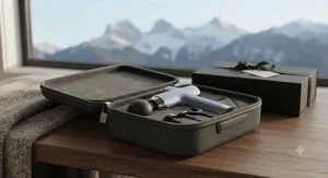 A portable travel case containing a luxury percussion massager for gifting, ready for a trip to the Canadian Rockies.