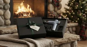 A luxury percussion massager for gifting wrapped with a ribbon beside a cozy fireplace during the Canadian holiday season.