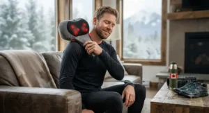 An active Canadian man relaxing his muscles with a handheld shiatsu back massager following a winter outdoor workout.