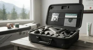 Portable high-end massage gun stored in a protective case for mobile sports chiropractors across Canada.