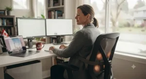 A working professional using a heat therapy back massager strapped to an office chair during a workday in Canada.