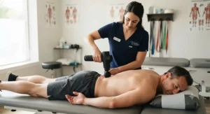 A healthcare practitioner utilizing a massage gun for physiotherapy use to treat lower back discomfort.