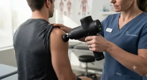 Close-up view of a massage gun for physiotherapy use targeting shoulder rehabilitation with a bullet attachment.