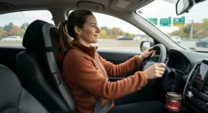 Illustration of a driver using a portable back massager with heat during a long commute.