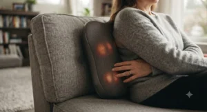 Close-up of a portable heat therapy back massager providing soothing warmth and deep tissue massage for lumbar support.