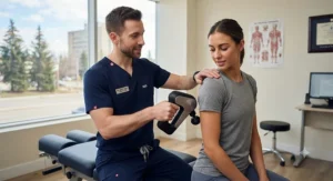 Chiropractic practitioner explaining soft tissue recovery using an advanced massage gun to a patient.