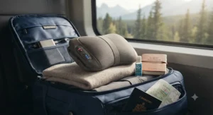 A lightweight, rechargeable heat therapy back massager packed for travel to manage chronic pain on the go.