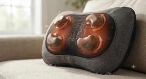Close-up of a shiatsu back massager pillow showing rotating nodes and soothing heat therapy.