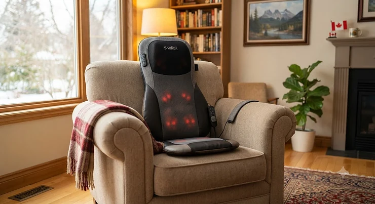 A shiatsu kneading massage cushion for chair placed on a cozy living room armchair in a Canadian home.