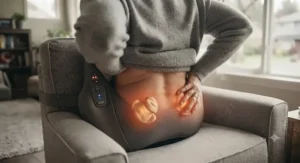 An illustration showing targeted heat therapy zones on a back massager alleviating lower back chronic pain.