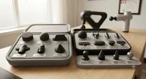 Assorted attachment heads and interchangeable tips included with Theragun and alternative luxury massage guns.