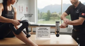 Ergonomic multi-grip triangle handle design of Theragun compared to standard linear massage guns.