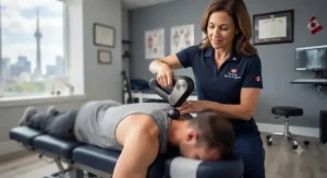 Toronto chiropractor holding an ergonomic high-end massage gun during a spinal alignment consultation.