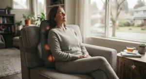 A person incorporating a heat therapy back massager into their daily self-care wellness routine for chronic pain management.