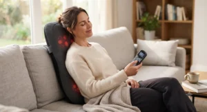 A person relaxing on a sofa while using a handheld remote control to adjust heat settings and massage modes on their heated back massage cushion.