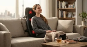 A Canadian professional sitting upright on a couch, enjoying deep tissue relief from a shiatsu back massager after a long workday.