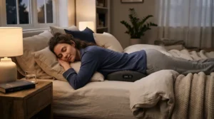 Someone incorporating a lumbar heating massager for sciatica into their nightly unwinding routine in a cozy bedroom.