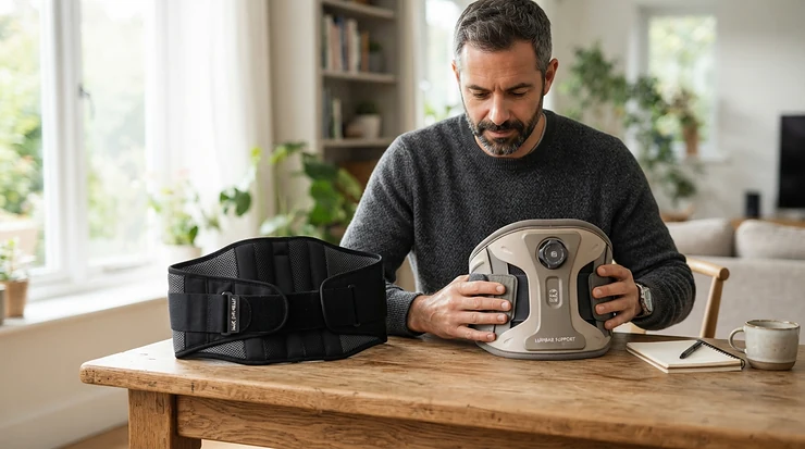 A Canadian consumer comparing a lumbar heating massager for sciatica against a standard support cushion at a kitchen table.