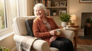 An older adult finding relief with a user-friendly lumbar heating massager for sciatica in a bright sunlit apartment.