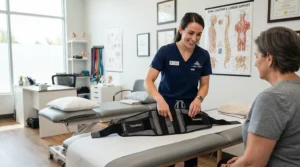 A physiotherapist demonstrating a lumbar heating massager for sciatica to a patient in a Vancouver wellness clinic.
