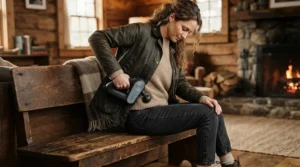 An active adult using a portable lumbar heating massager for sciatica after a snowshoeing session in the mountains.