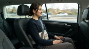 A passenger using a rechargeable lumbar heating massager for sciatica during a long highway drive across Alberta.