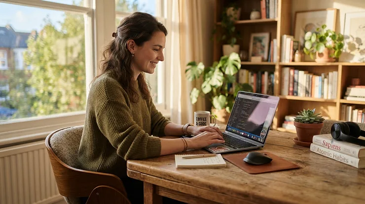A remote worker enjoying all-day comfort with a heated lumbar support massager.