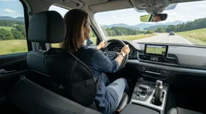 Using a lumbar support massager on a car seat during a long highway drive across Canada.