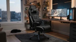 A gaming chair upgraded with a rechargeable lumbar support massager for posture support.