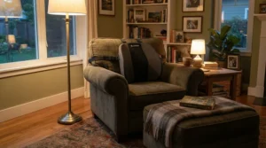 Relaxing on an armchair equipped with a portable lumbar support massager at home.