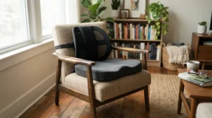 A lumbar support massager paired with a seat cushion on a wooden dining room chair.
