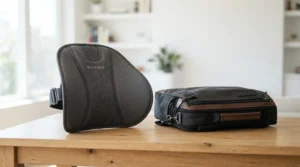 A portable lumbar support massager packed for a business trip or daily commute.