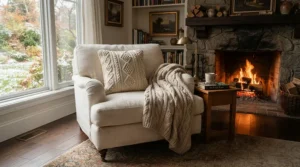 A cozy Canadian living room scene showing a lumbar support massager on a plush recliner.