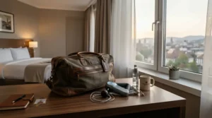 A portable lower back massager packed for travel on a wooden table