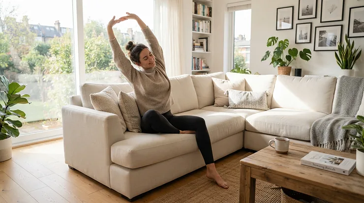 A cordless lower back massager being used on a living room couch